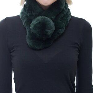 NWT ✅ BELLE FARE Rex Rabbit Fur Neck Warmer Scarf with Pom-Pom  EMERALD ⭐ NWT